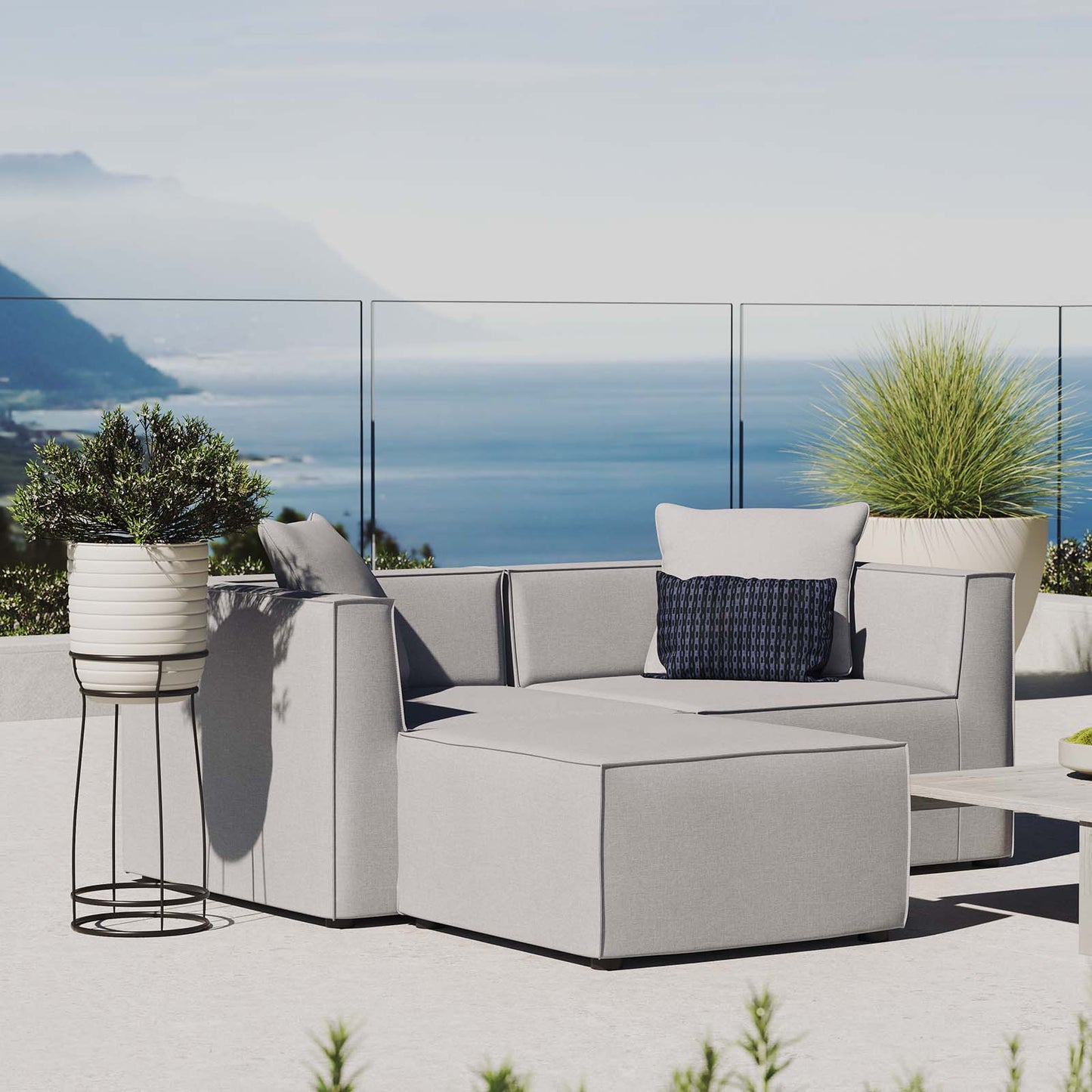 Saybrook Outdoor Patio Upholstered Loveseat and Ottoman Set, Fabric, Grey Gray, 19893