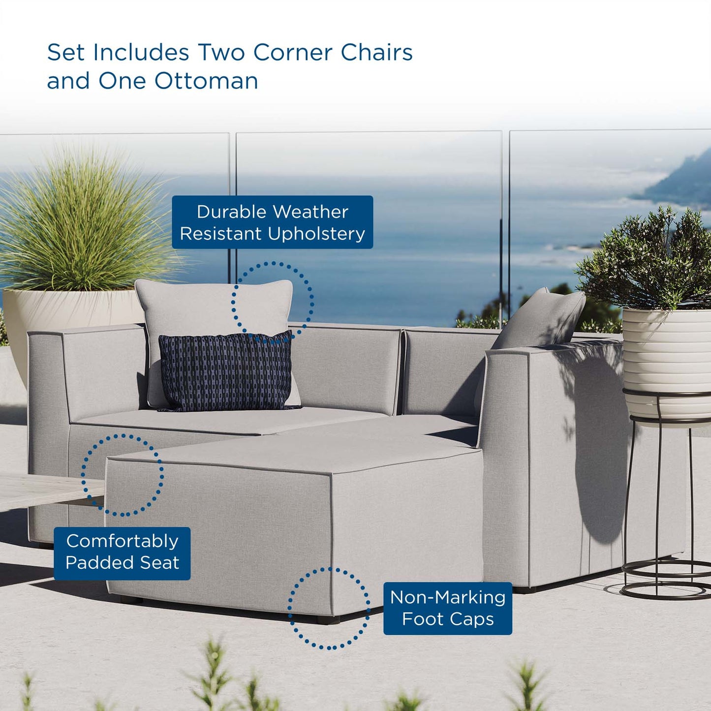 Saybrook Outdoor Patio Upholstered Loveseat and Ottoman Set, Fabric, Grey Gray, 19893