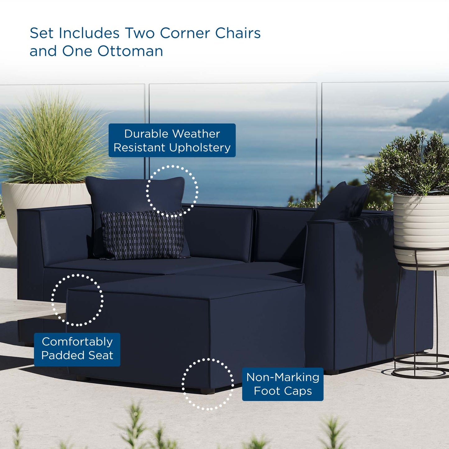 Saybrook Outdoor Patio Upholstered Loveseat and Ottoman Set, Fabric, Blue Navy, 19894