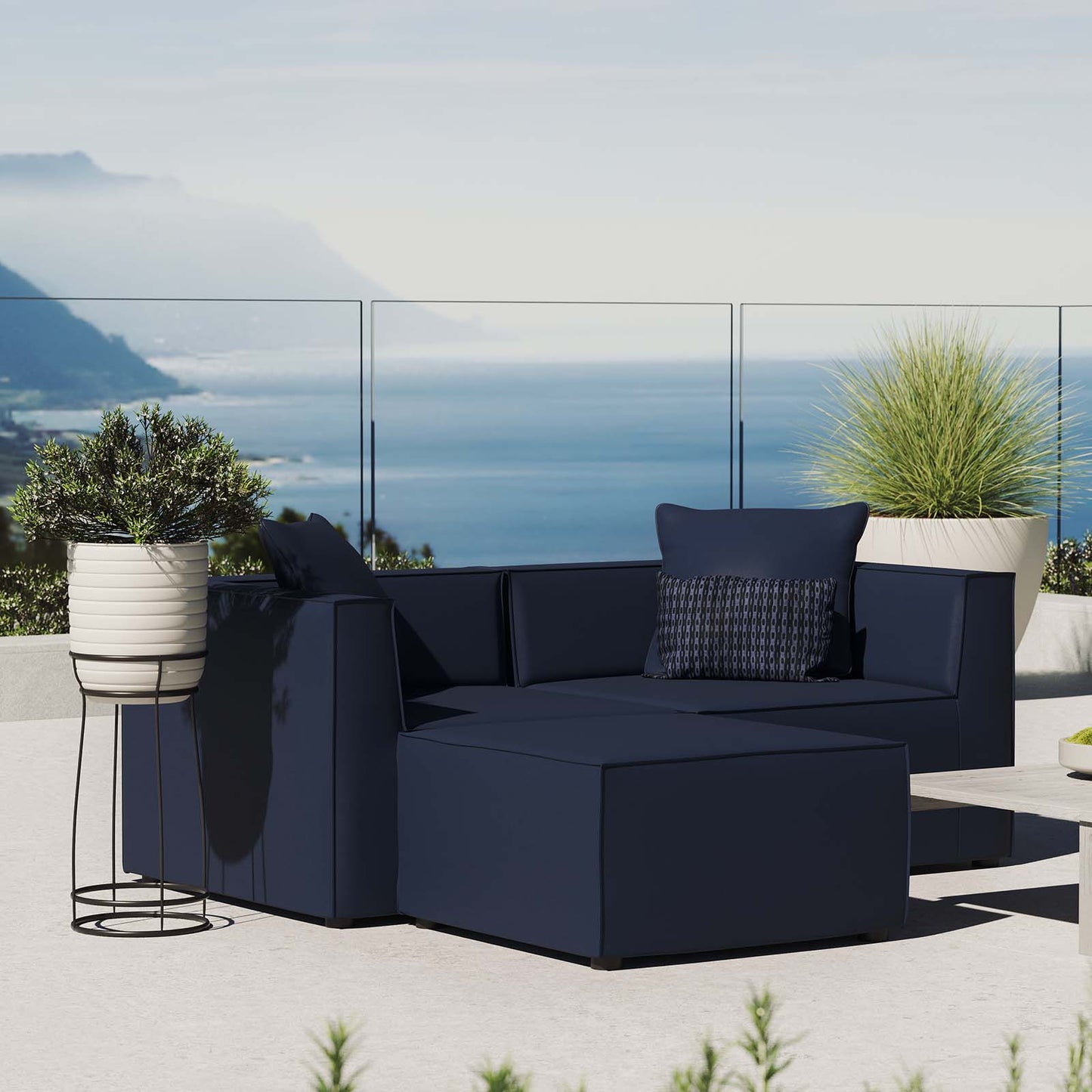Saybrook Outdoor Patio Upholstered Loveseat and Ottoman Set, Fabric, Blue Navy, 19894