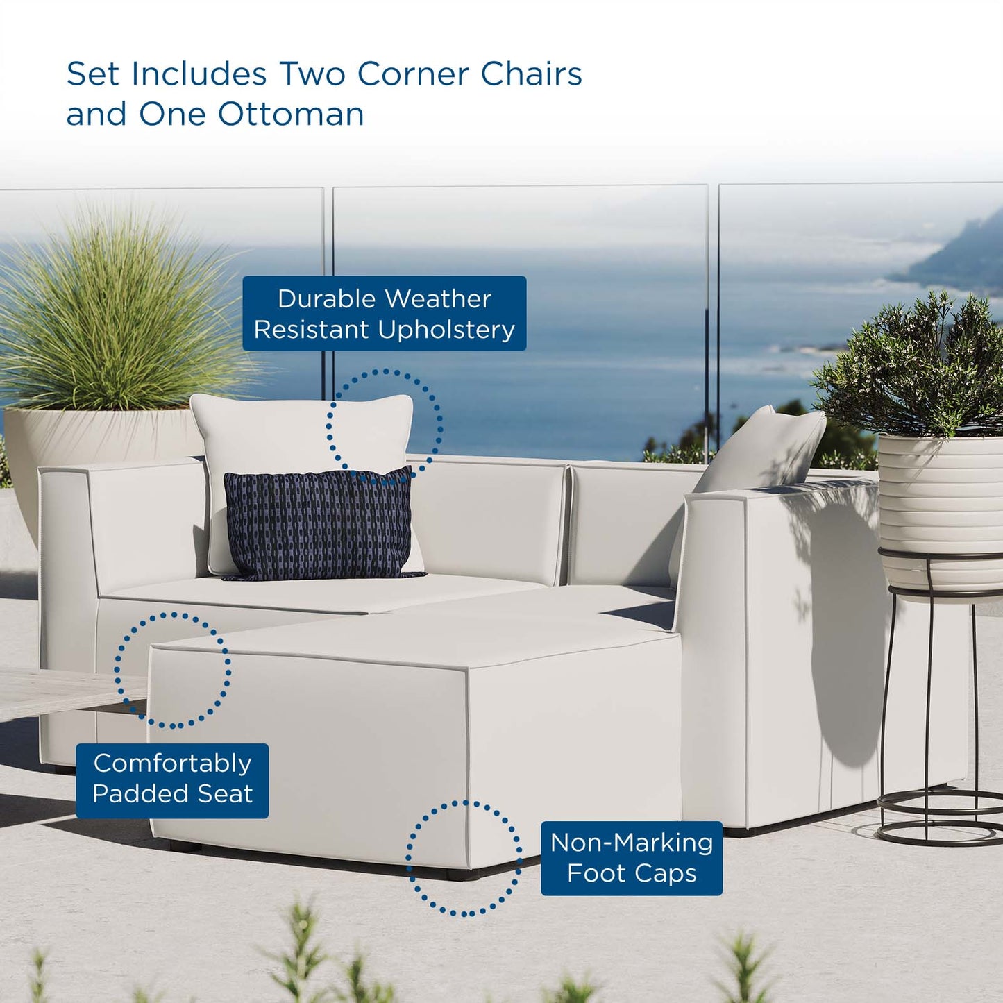 Saybrook Outdoor Patio Upholstered Loveseat and Ottoman Set, Fabric, White, 19896