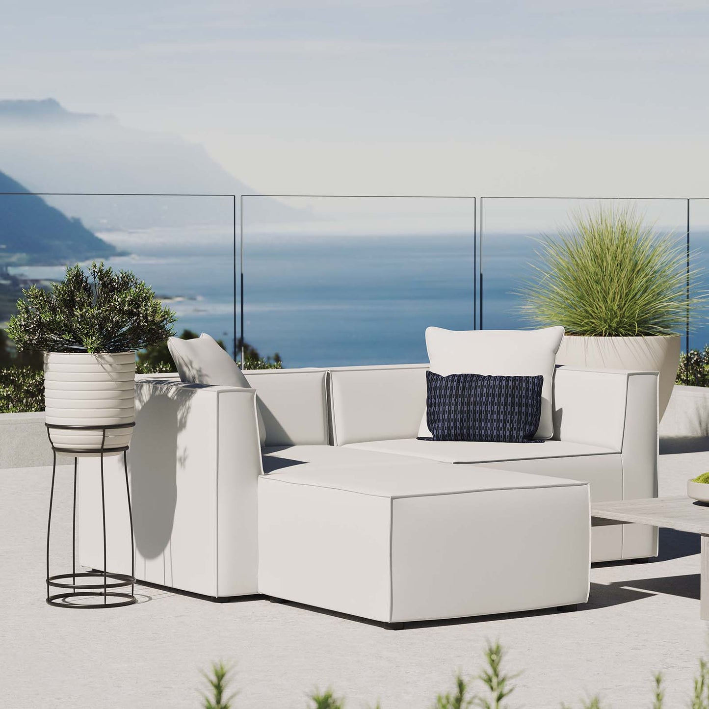 Saybrook Outdoor Patio Upholstered Loveseat and Ottoman Set, Fabric, White, 19896