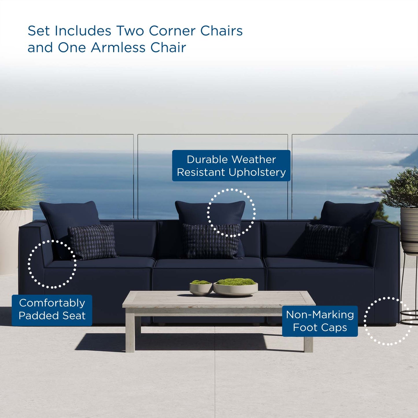 Saybrook Outdoor Patio Upholstered 3-Piece Sectional Sofa, Fabric, Blue Navy, 19898