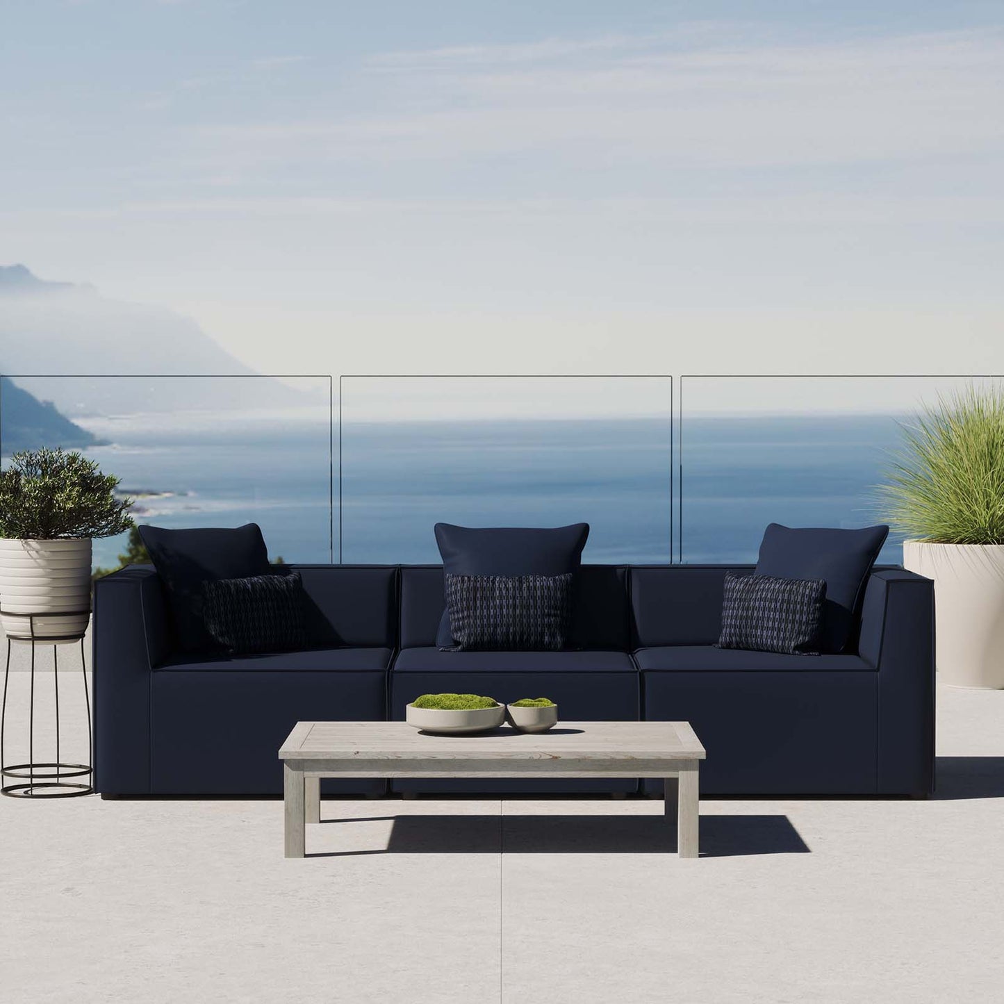 Saybrook Outdoor Patio Upholstered 3-Piece Sectional Sofa, Fabric, Blue Navy, 19898