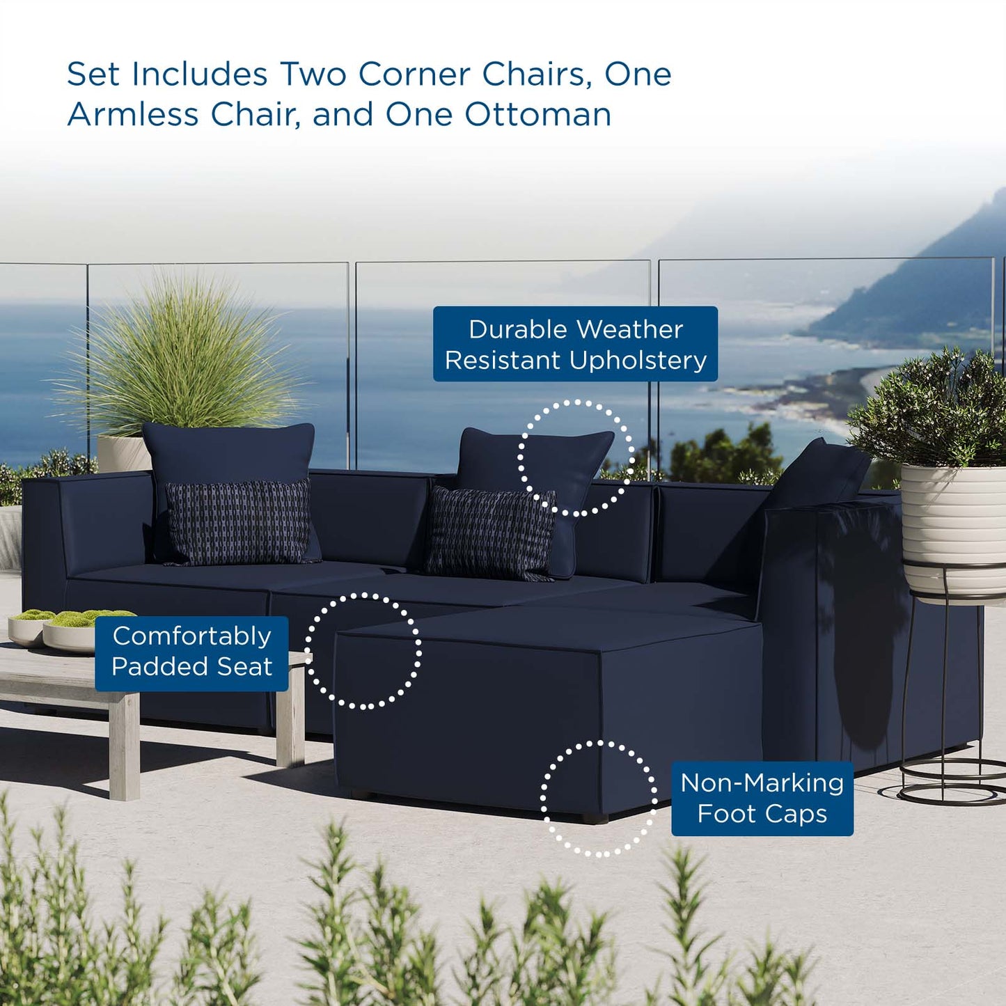 Saybrook Outdoor Patio Upholstered 4-Piece Sectional Sofa, Fabric, Blue Navy, 19902