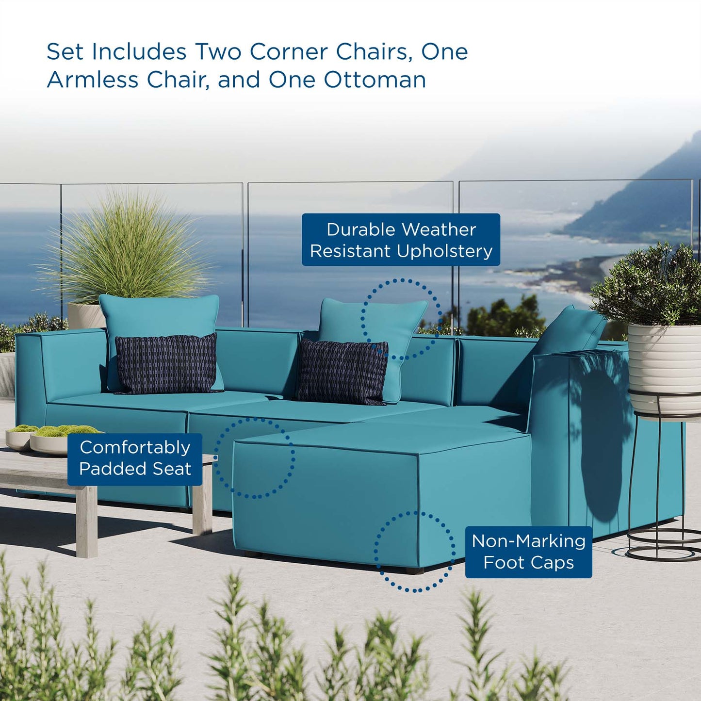 Saybrook Outdoor Patio Upholstered 4-Piece Sectional Sofa, Fabric, Blue, 19903
