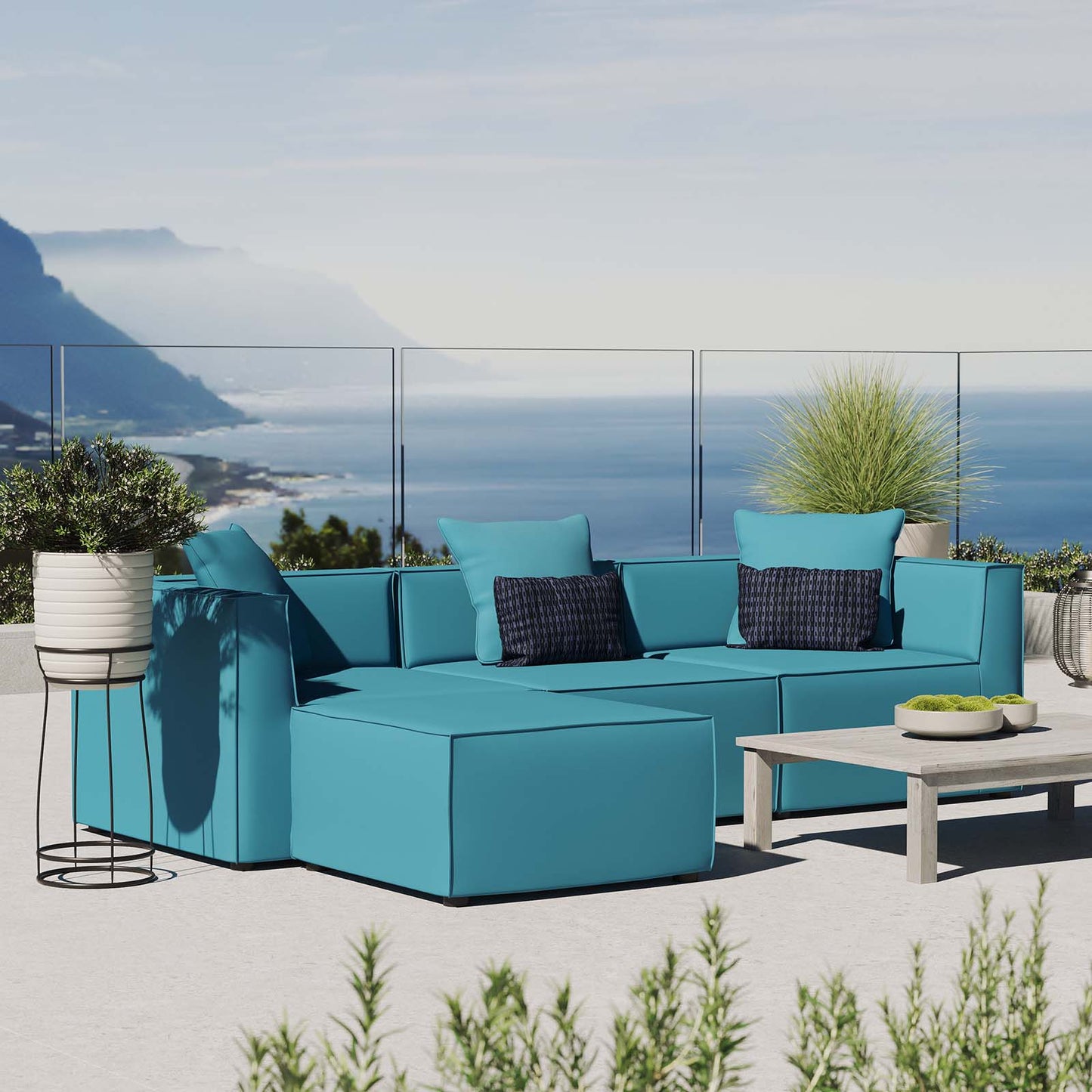 Saybrook Outdoor Patio Upholstered 4-Piece Sectional Sofa, Fabric, Blue, 19903