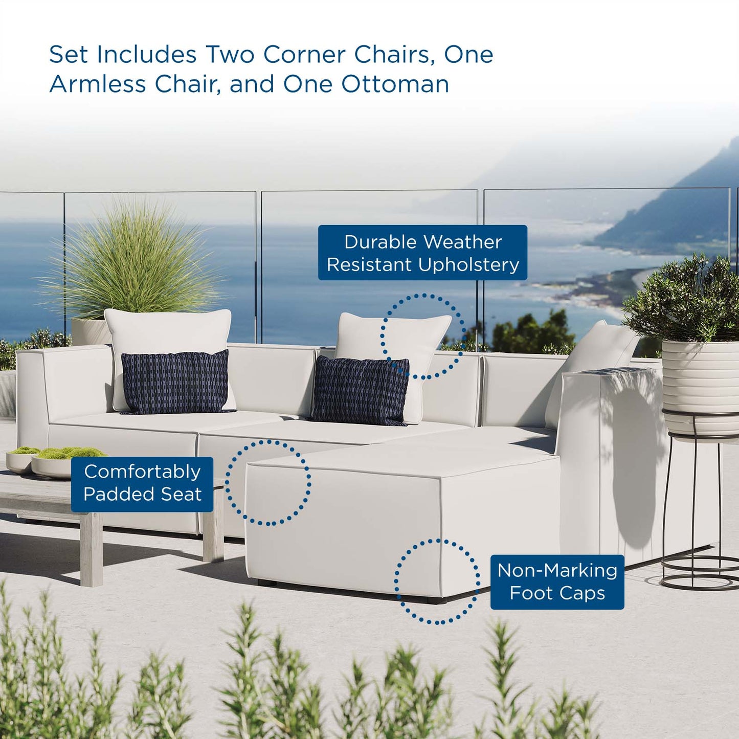 Saybrook Outdoor Patio Upholstered 4-Piece Sectional Sofa, Fabric, White, 19904
