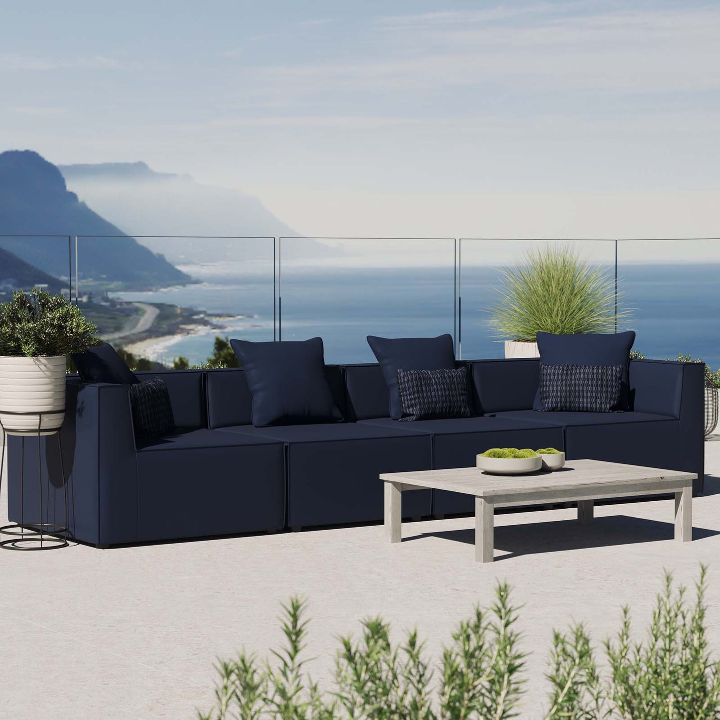 Saybrook Outdoor Patio Upholstered 4-Piece Sectional Sofa, Fabric, Blue Navy, 19906