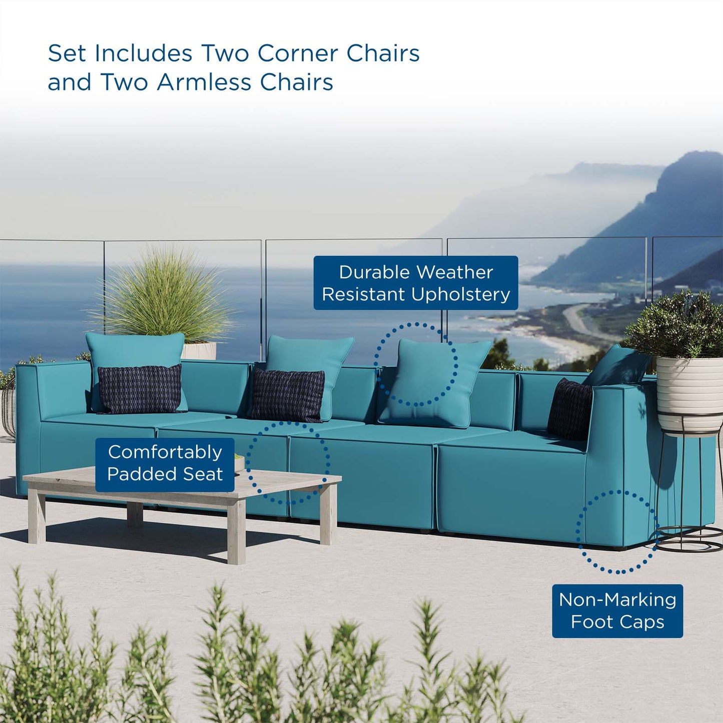 Saybrook Outdoor Patio Upholstered 4-Piece Sectional Sofa, Fabric, Blue, 19907