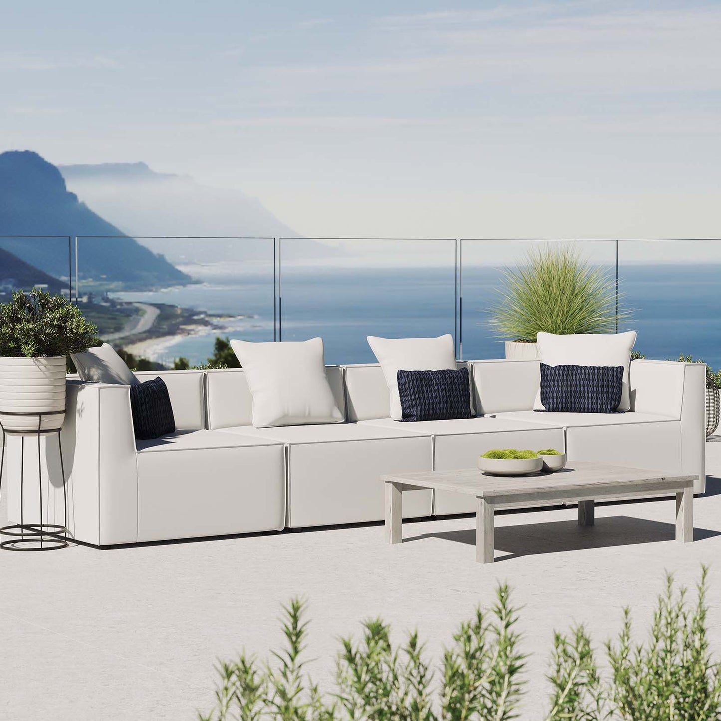 Saybrook Outdoor Patio Upholstered 4-Piece Sectional Sofa, Fabric, White, 19908