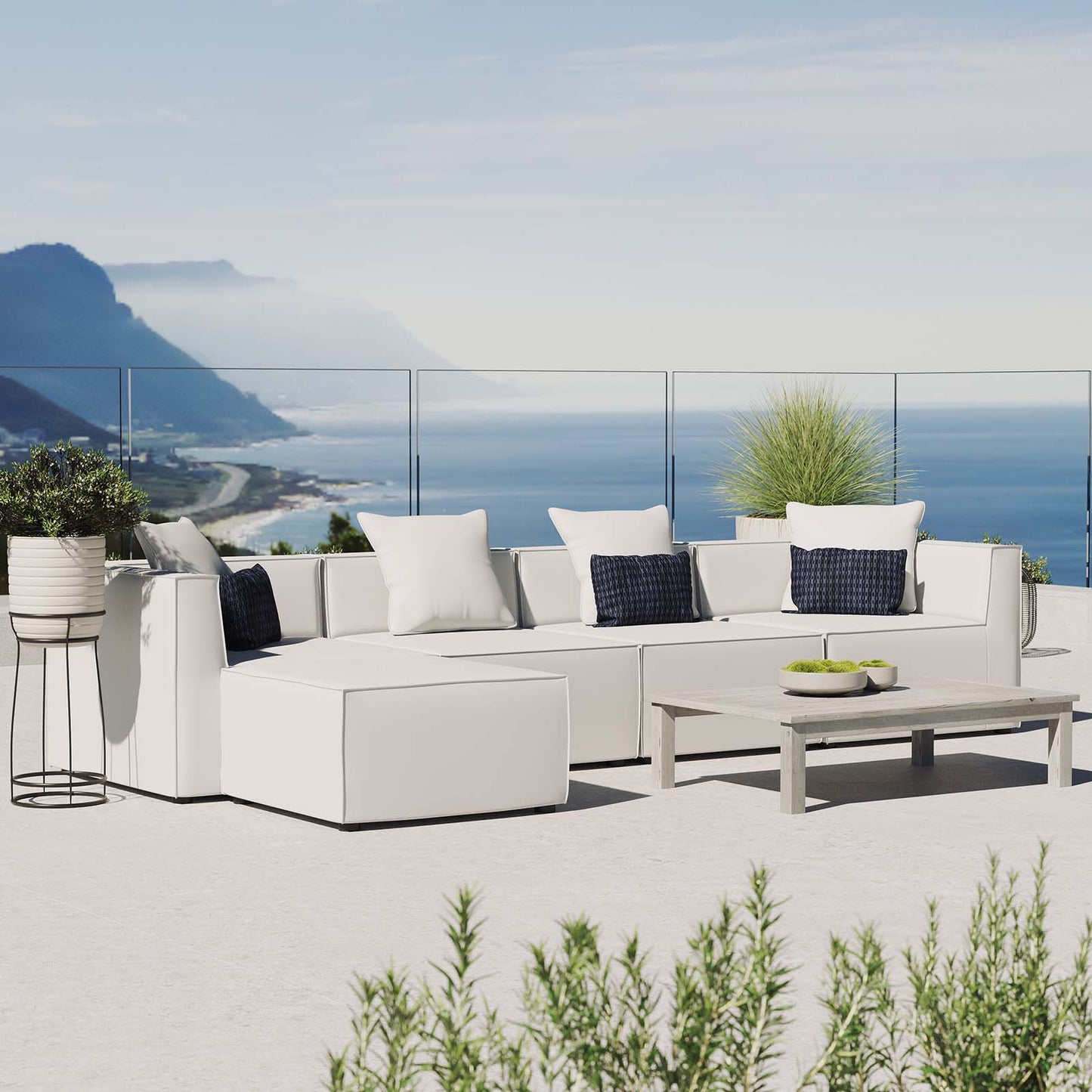 Saybrook Outdoor Patio Upholstered 5-Piece Sectional Sofa, Fabric, White, 19912