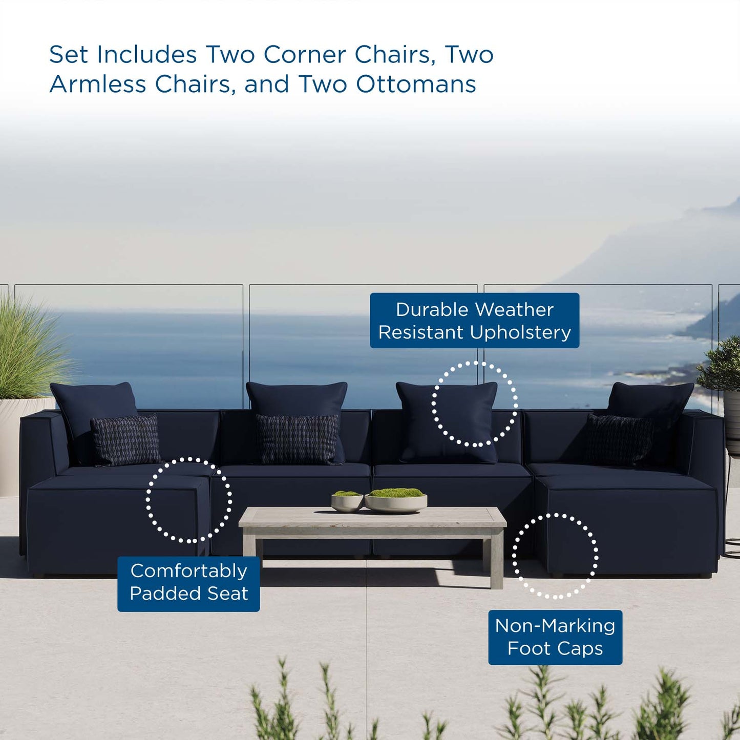 Saybrook Outdoor Patio Upholstered 6-Piece Sectional Sofa, Fabric, Blue Navy, 19914