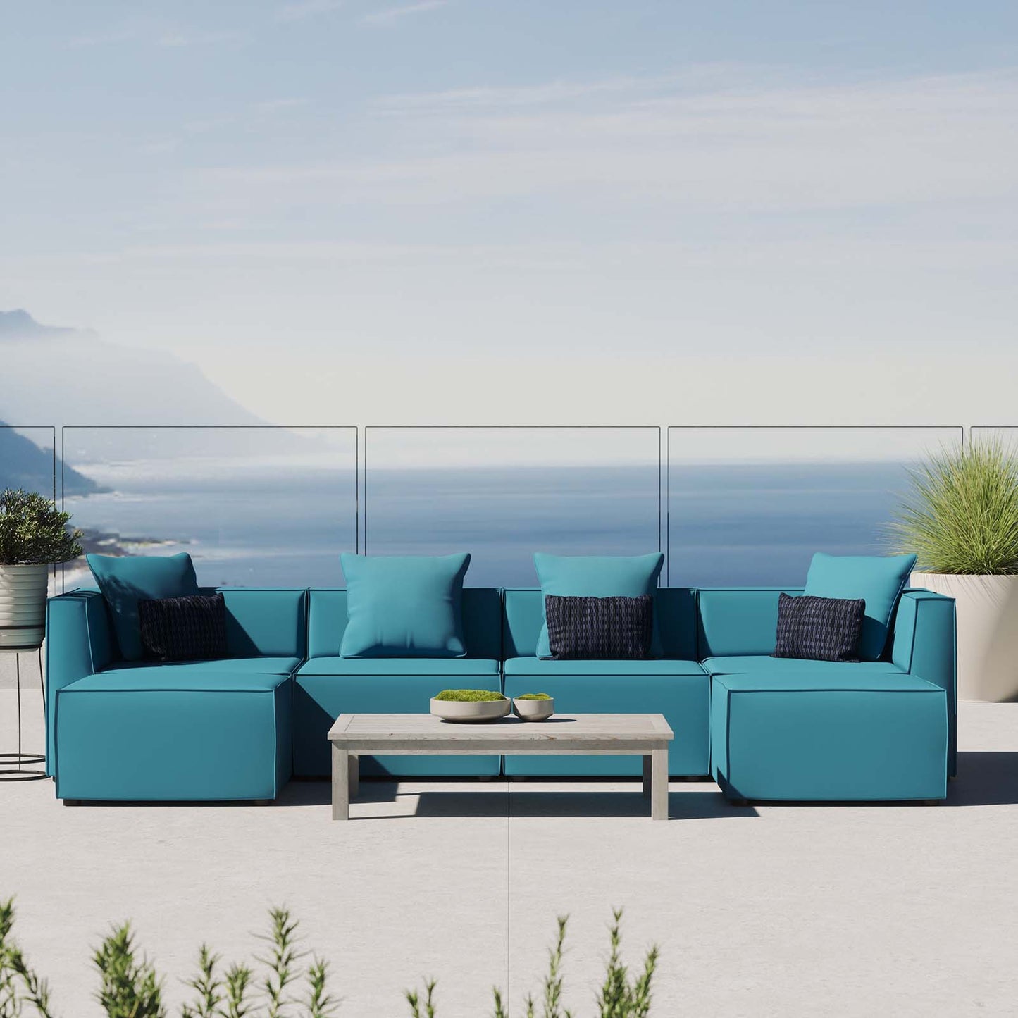 Saybrook Outdoor Patio Upholstered 6-Piece Sectional Sofa, Fabric, Blue, 19915