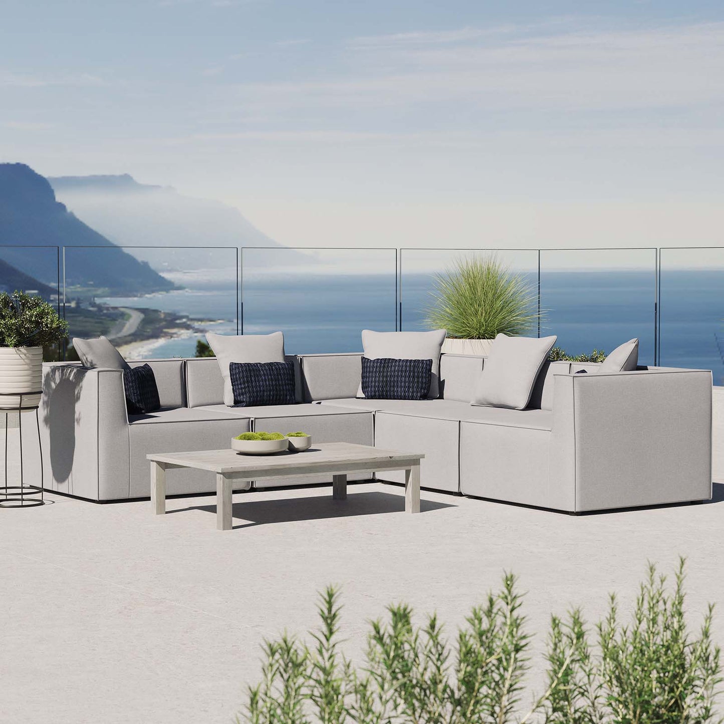 Saybrook Outdoor Patio Upholstered 5-Piece Sectional Sofa, Fabric, Grey Gray, 19917