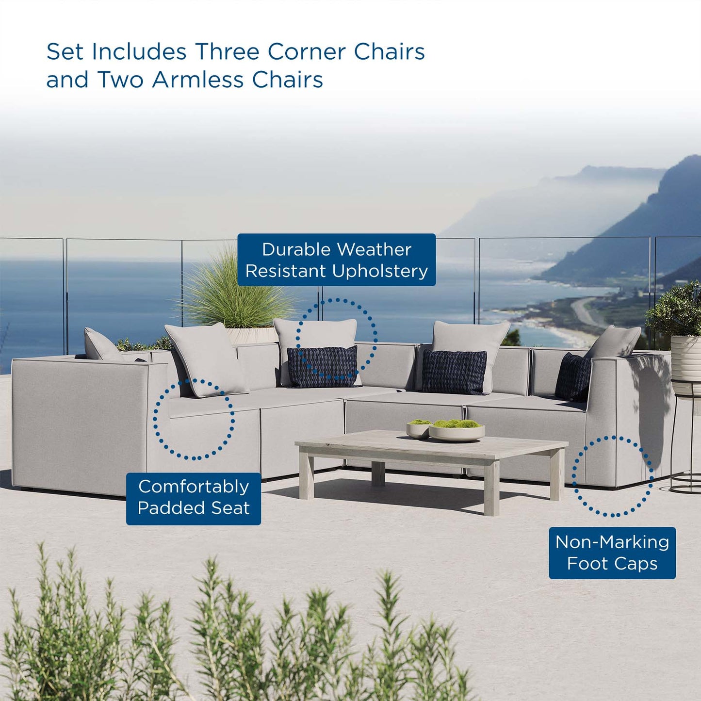 Saybrook Outdoor Patio Upholstered 5-Piece Sectional Sofa, Fabric, Grey Gray, 19917