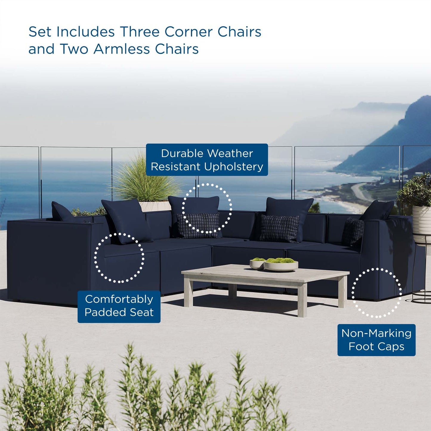 Saybrook Outdoor Patio Upholstered 5-Piece Sectional Sofa, Fabric, Blue Navy, 19918