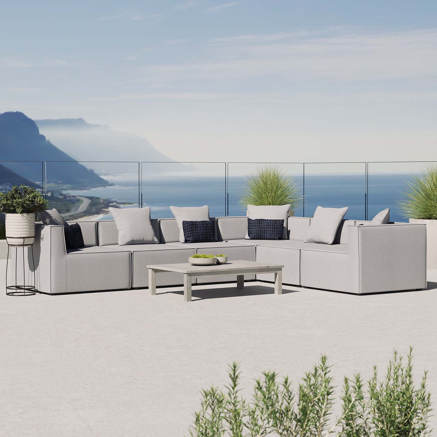 Saybrook Outdoor Patio Upholstered 6-Piece Sectional Sofa, Fabric, Grey Gray, 19921