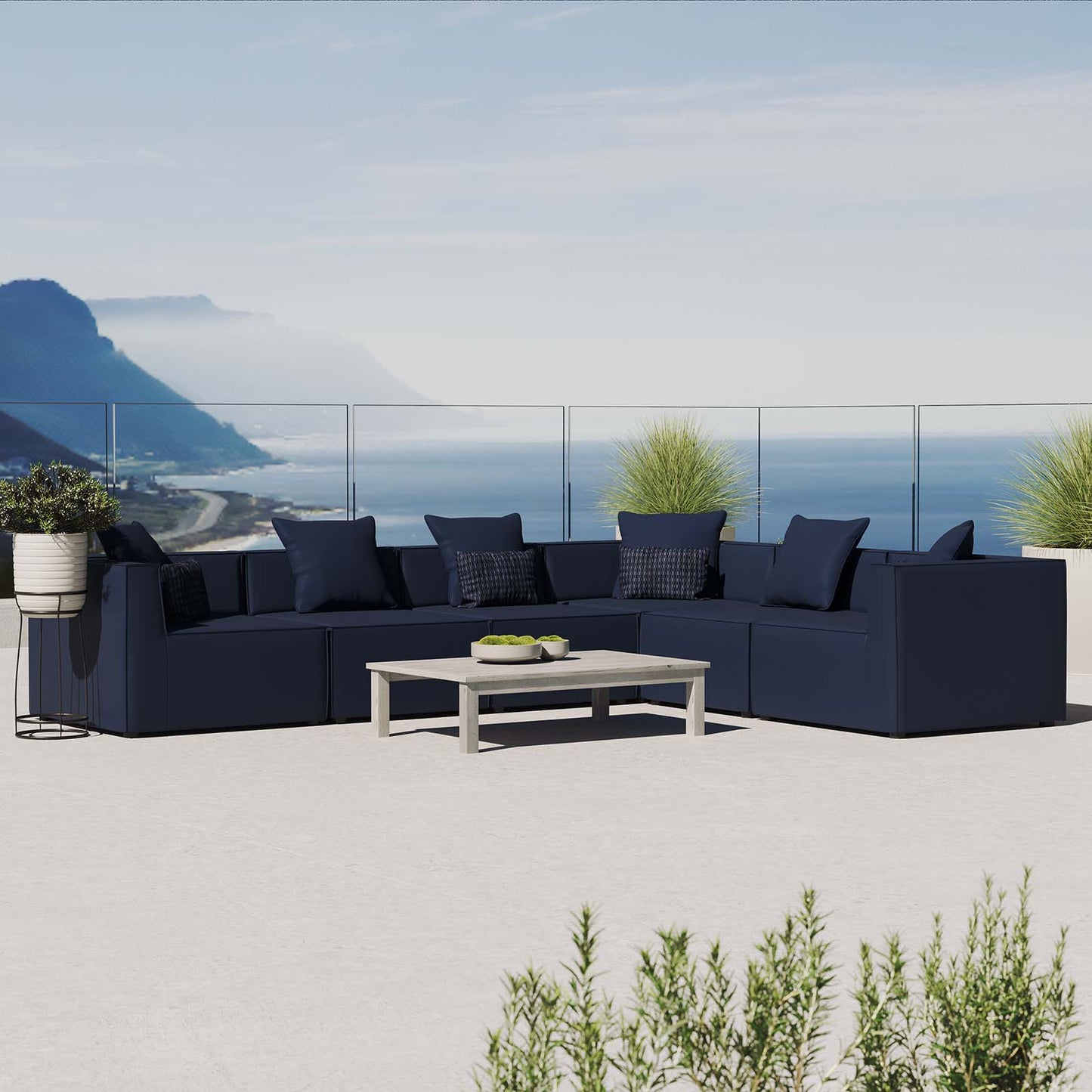 Saybrook Outdoor Patio Upholstered 6-Piece Sectional Sofa, Fabric, Blue Navy, 19922