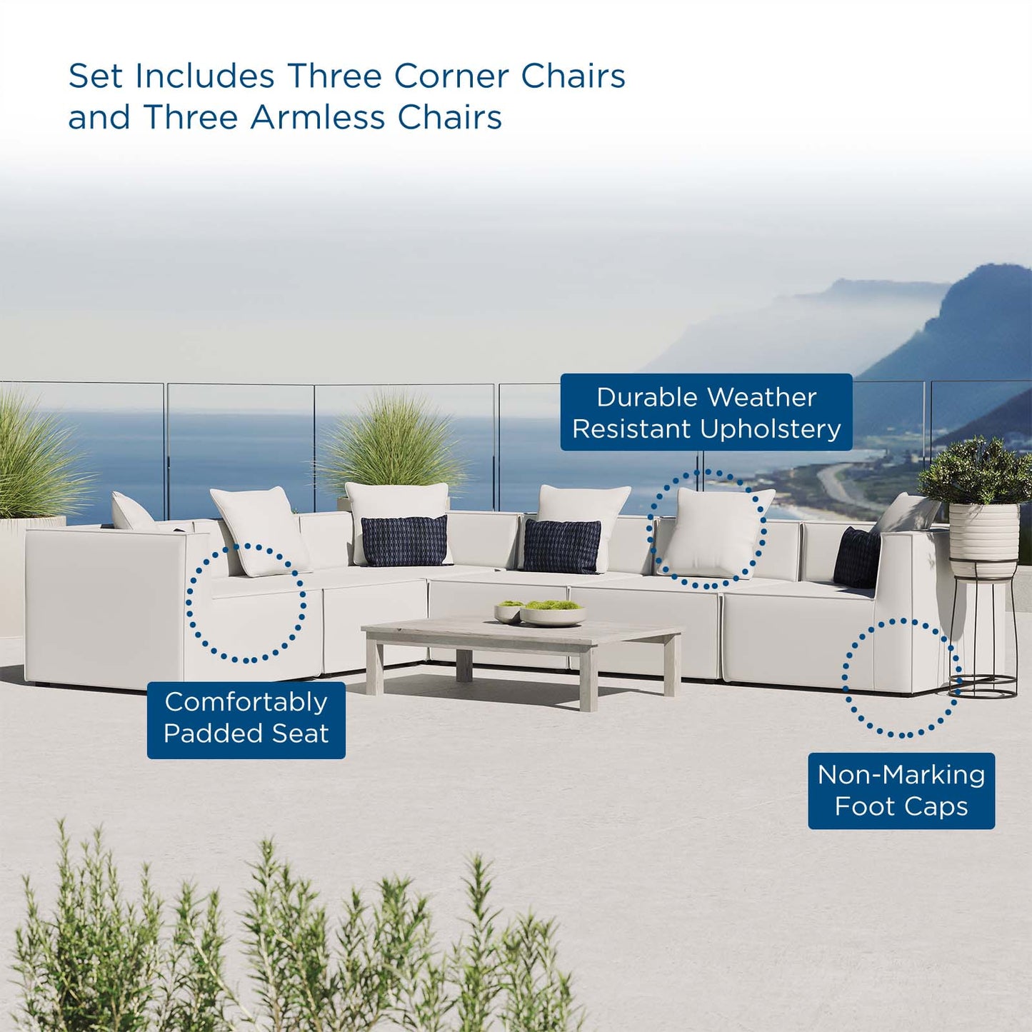 Saybrook Outdoor Patio Upholstered 6-Piece Sectional Sofa, Fabric, White, 19924
