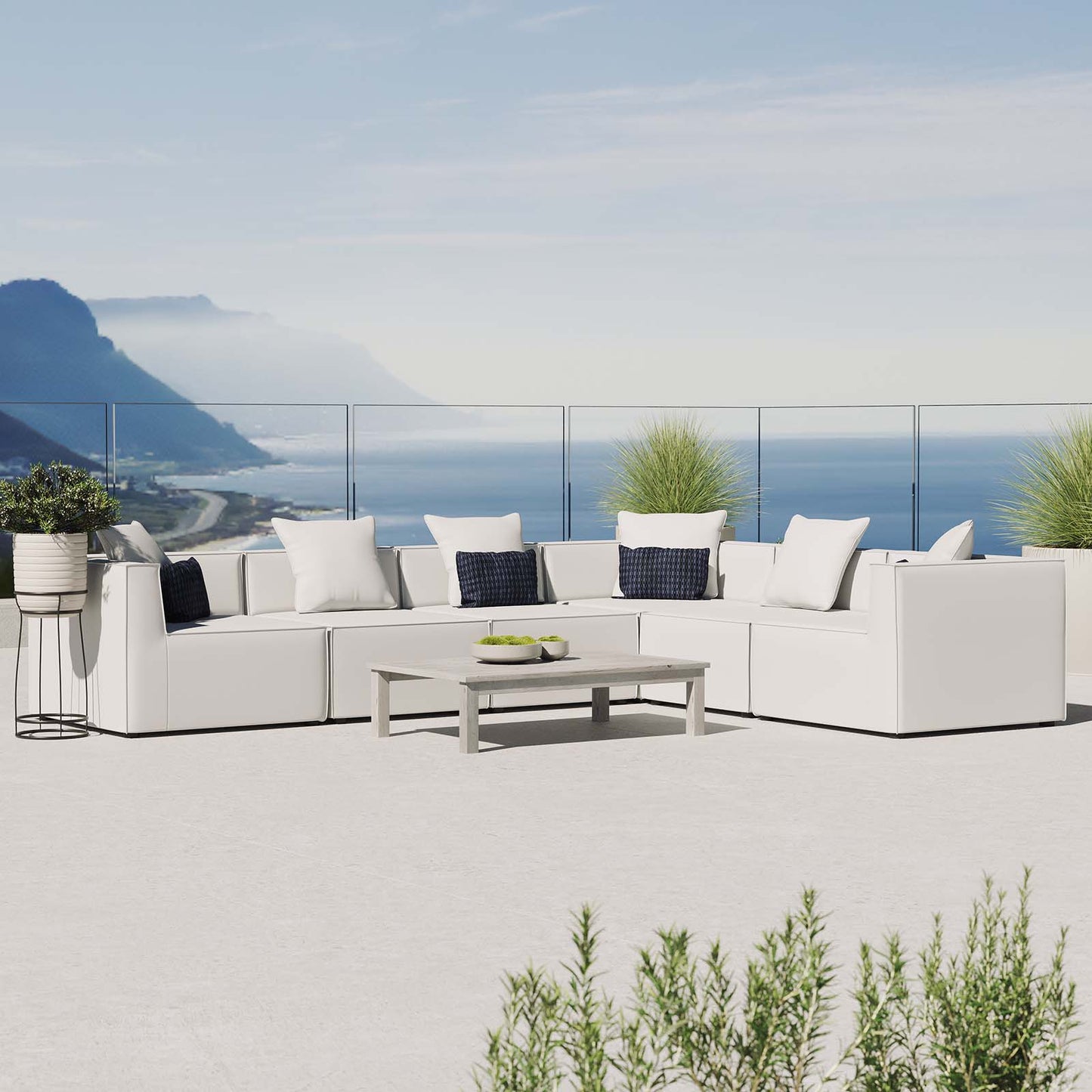 Saybrook Outdoor Patio Upholstered 6-Piece Sectional Sofa, Fabric, White, 19924
