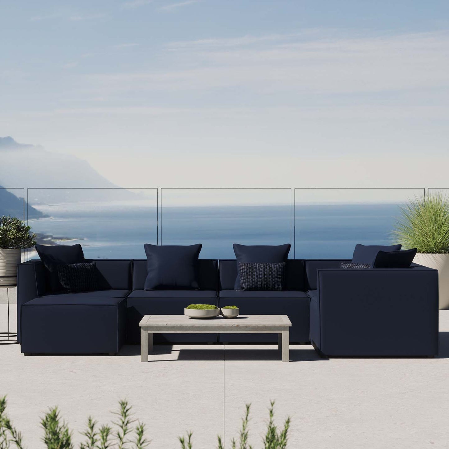 Saybrook Outdoor Patio Upholstered 6-Piece Sectional Sofa, Fabric, Blue Navy, 19926
