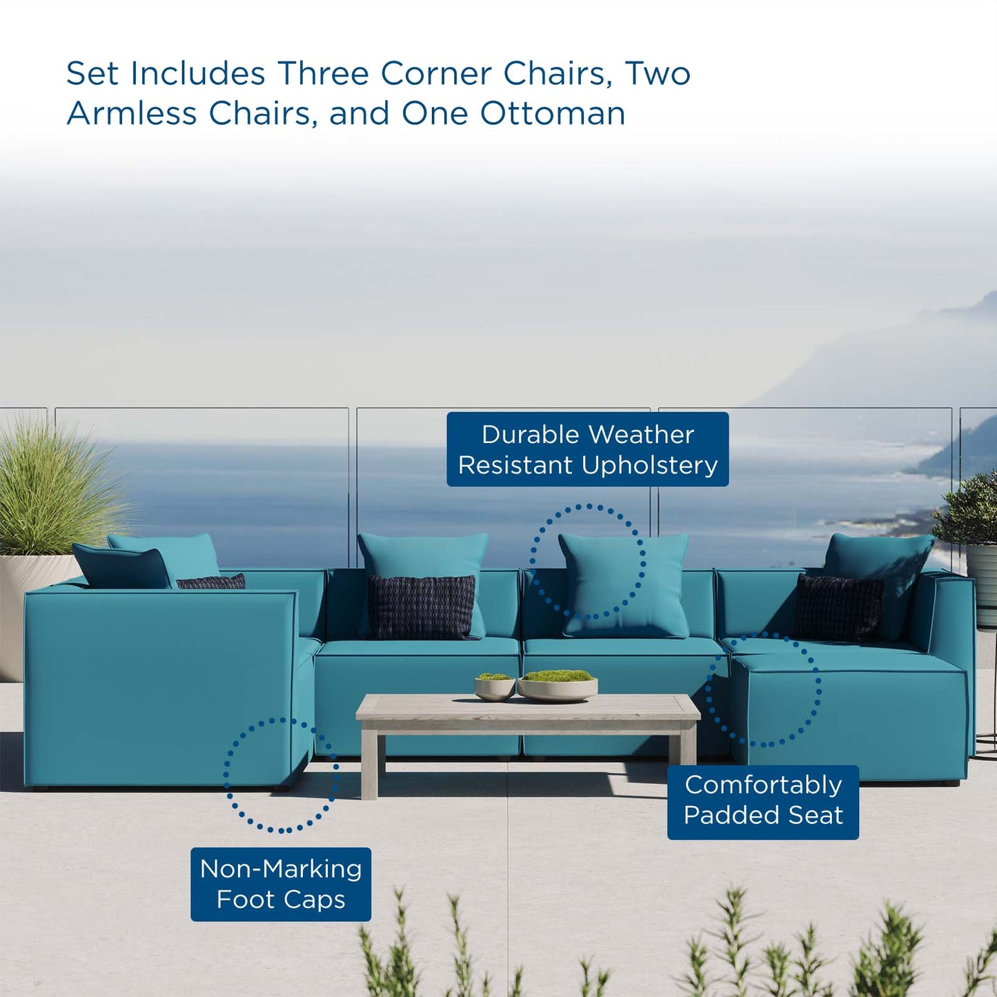 Saybrook Outdoor Patio Upholstered 6-Piece Sectional Sofa, Fabric, Blue, 19927
