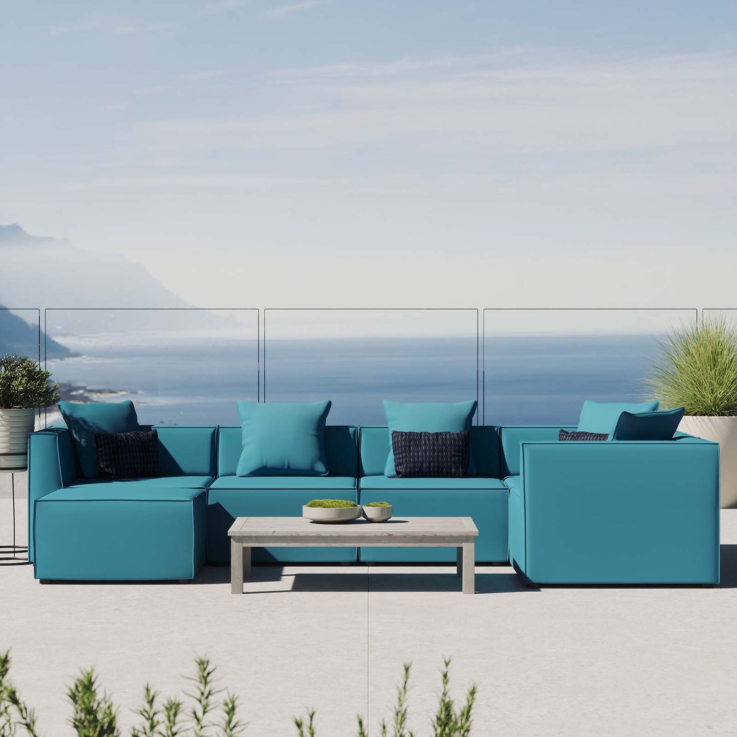 Saybrook Outdoor Patio Upholstered 6-Piece Sectional Sofa, Fabric, Blue, 19927