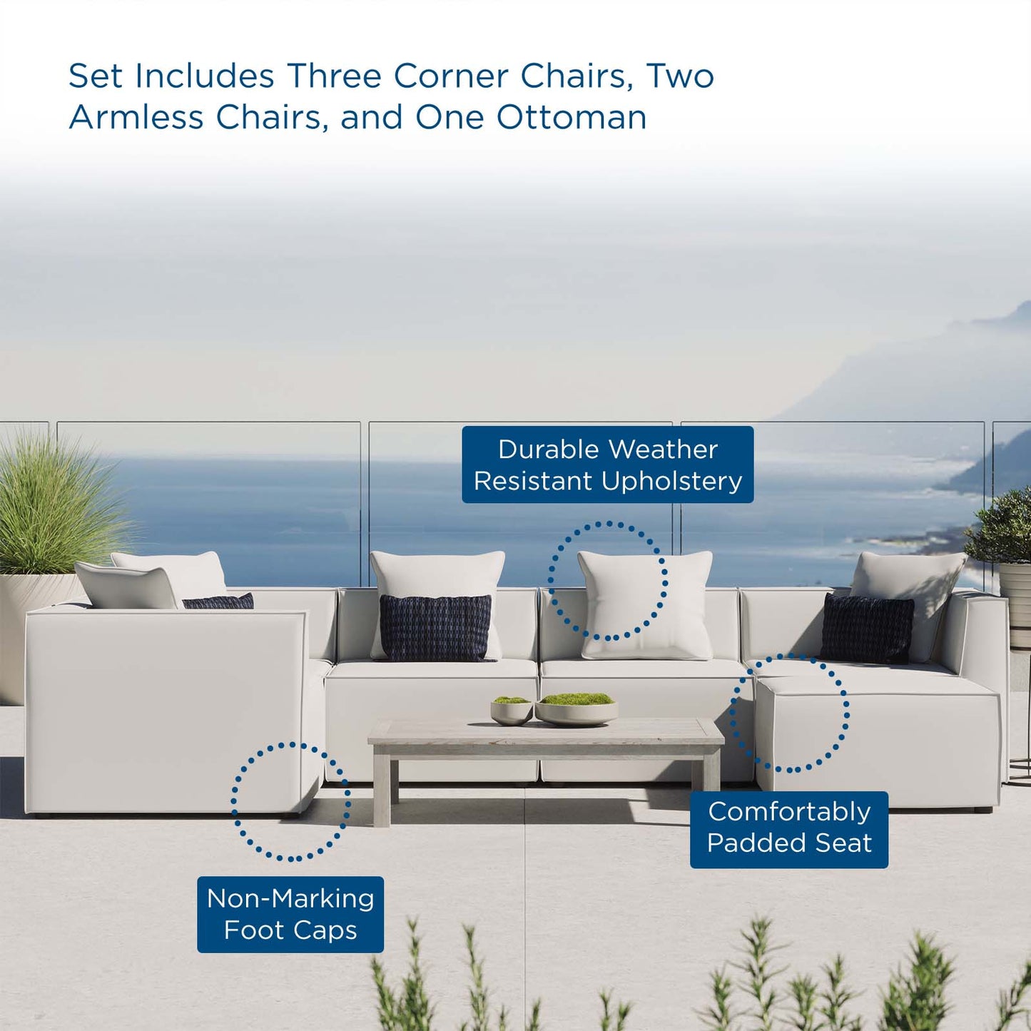 Saybrook Outdoor Patio Upholstered 6-Piece Sectional Sofa, Fabric, White, 19928