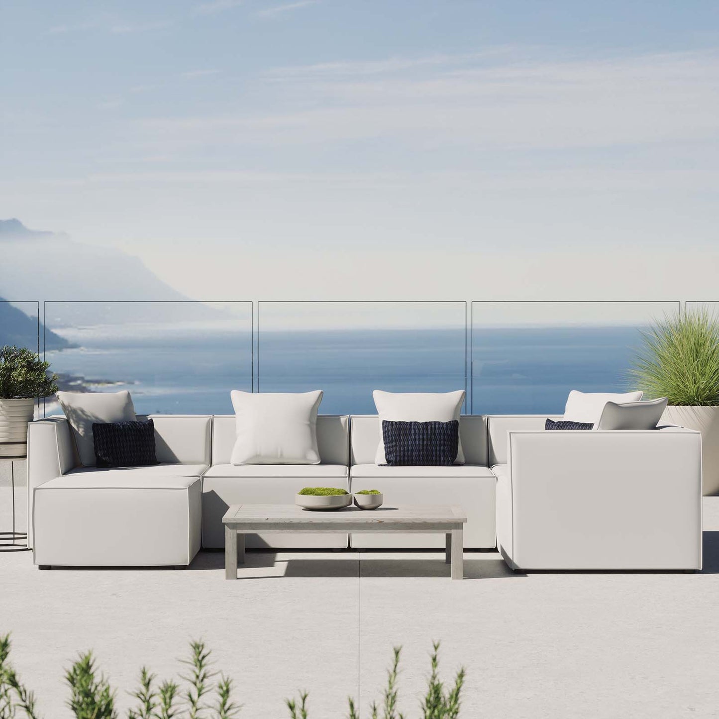Saybrook Outdoor Patio Upholstered 6-Piece Sectional Sofa, Fabric, White, 19928