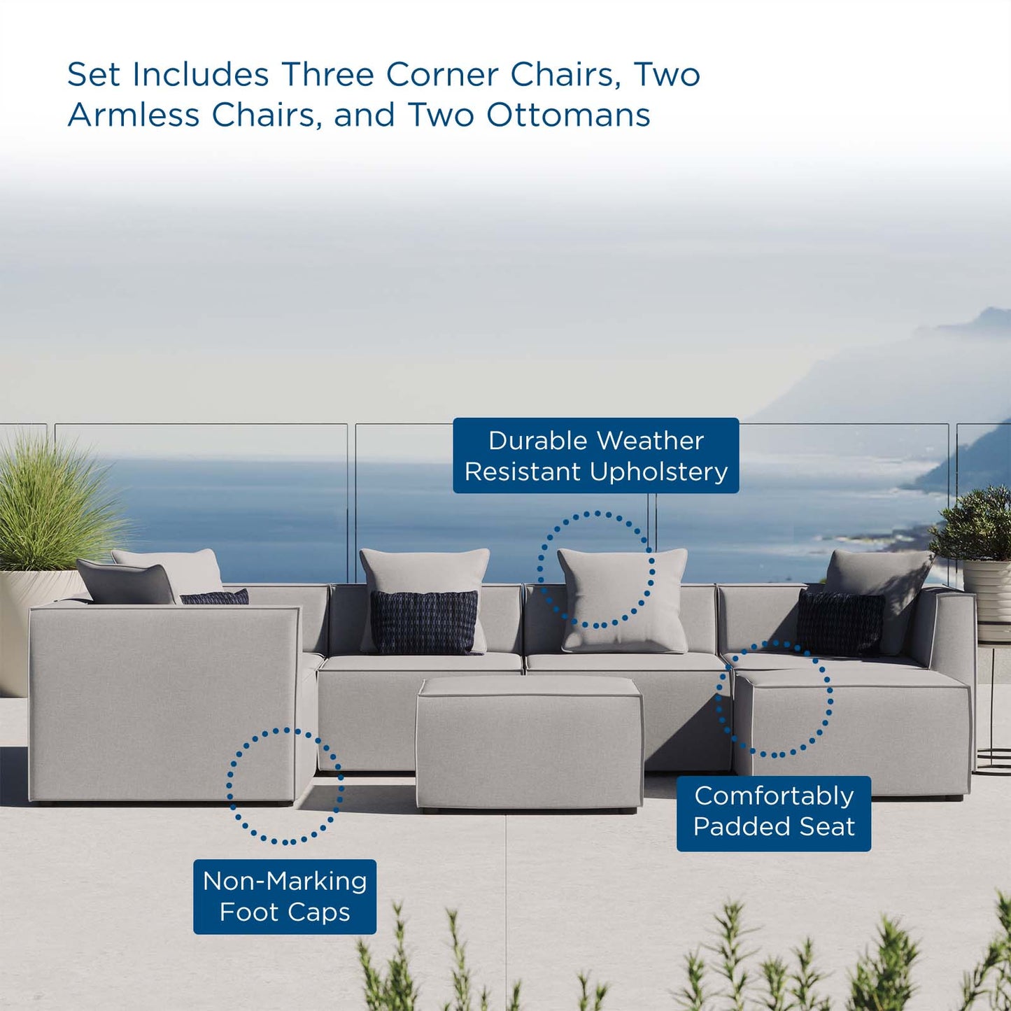 Saybrook Outdoor Patio Upholstered 7-Piece Sectional Sofa, Fabric, Grey Gray, 19929