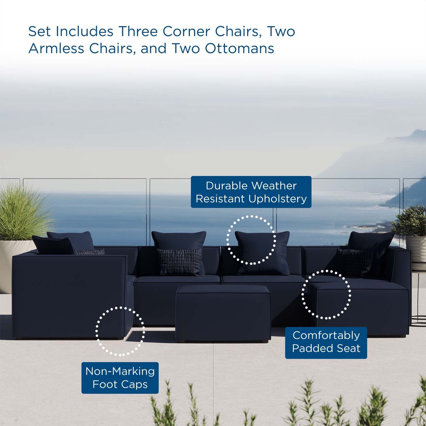 Saybrook Outdoor Patio Upholstered 7-Piece Sectional Sofa, Fabric, Blue Navy, 19930