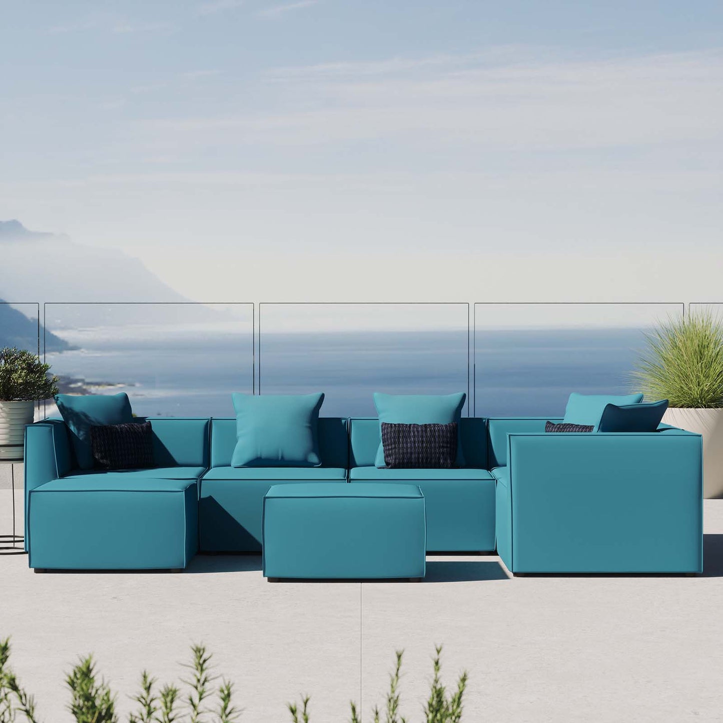 Saybrook Outdoor Patio Upholstered 7-Piece Sectional Sofa, Fabric, Blue, 19931