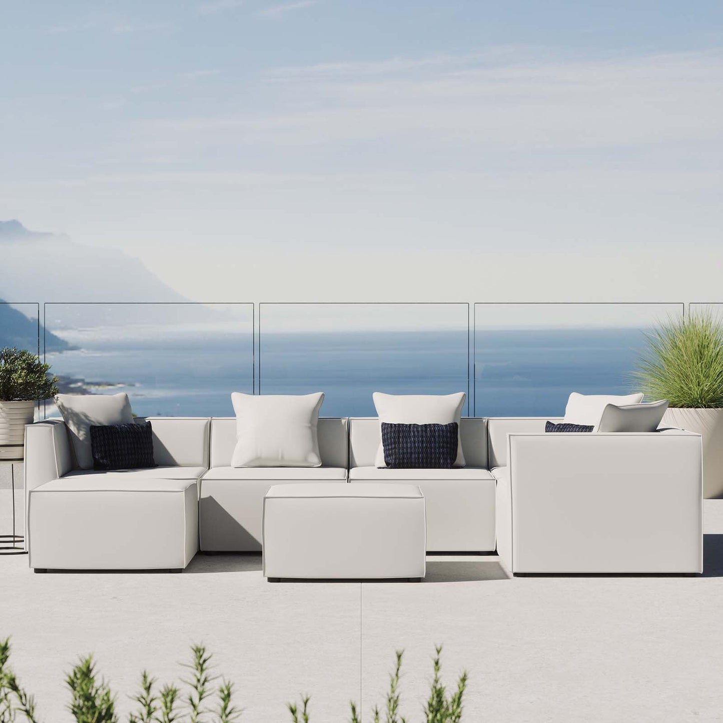 Saybrook Outdoor Patio Upholstered 7-Piece Sectional Sofa, Fabric, White, 19932