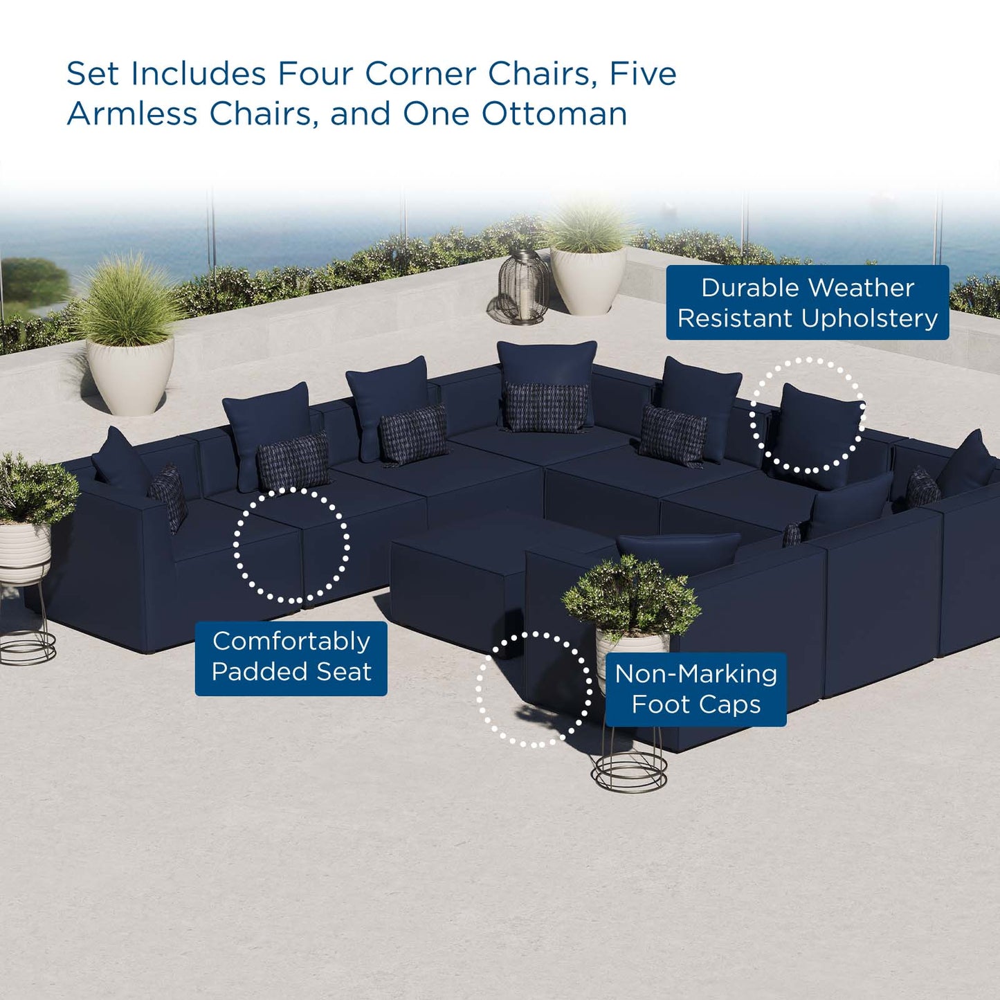 Saybrook Outdoor Patio Upholstered 10-Piece Sectional Sofa, Fabric, Blue Navy, 19938