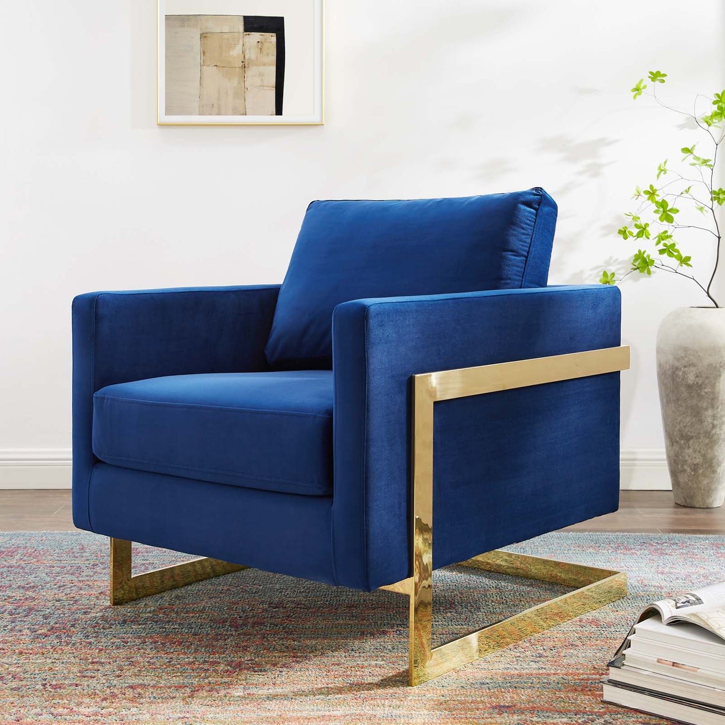Posse Performance Velvet Accent Chair, Velvet, Metal Steel, Gold Blue Navy, 19942