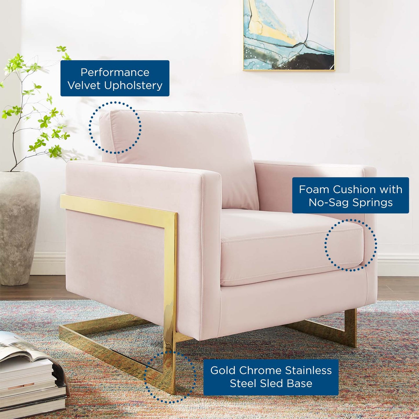 Posse Performance Velvet Accent Chair, Velvet, Metal Steel, Gold Pink, 19943