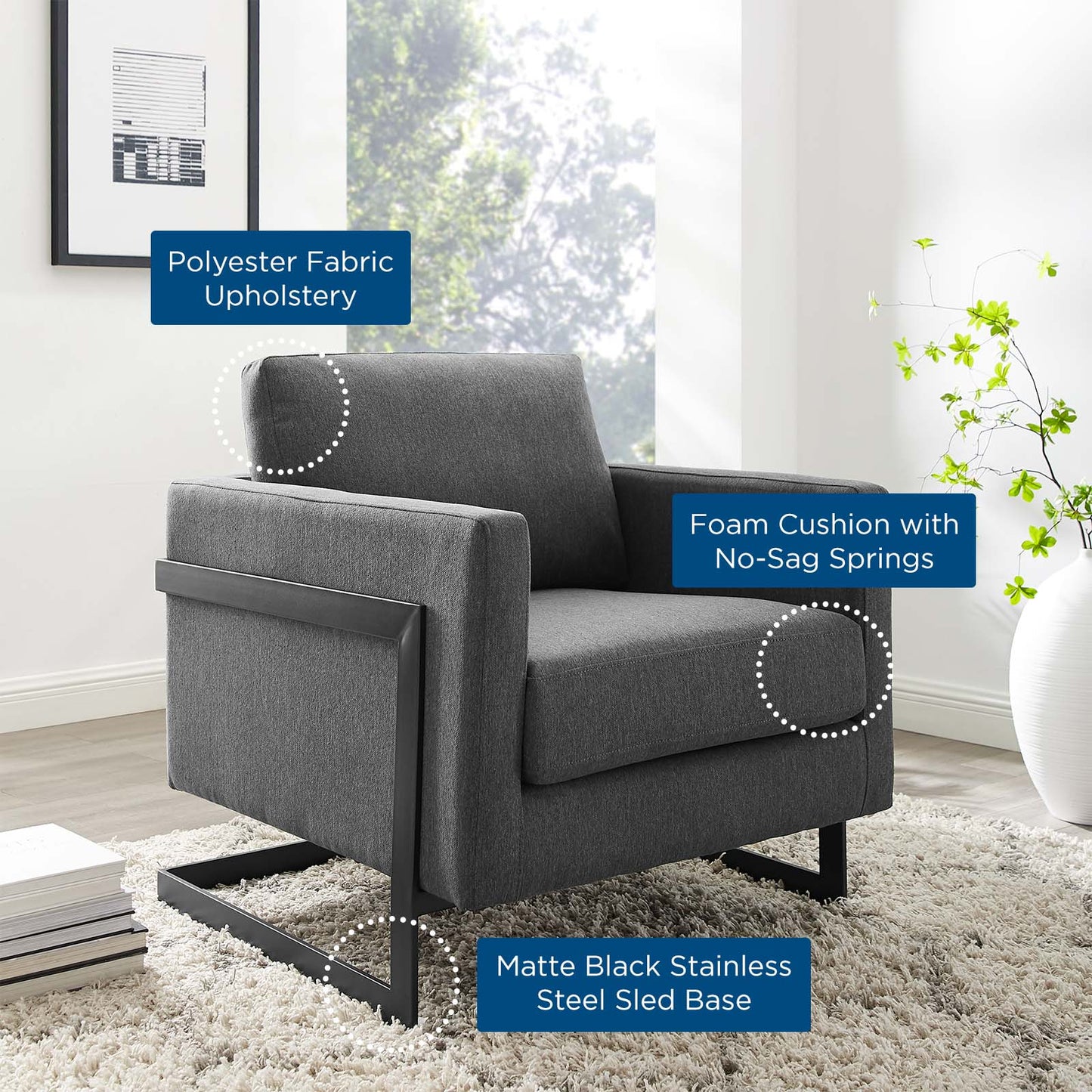 Posse Upholstered Fabric Accent Chair, Fabric, Metal Steel, Black Grey Gray, 19946