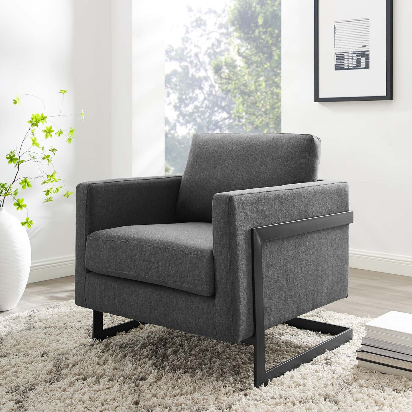 Posse Upholstered Fabric Accent Chair, Fabric, Metal Steel, Black Grey Gray, 19946