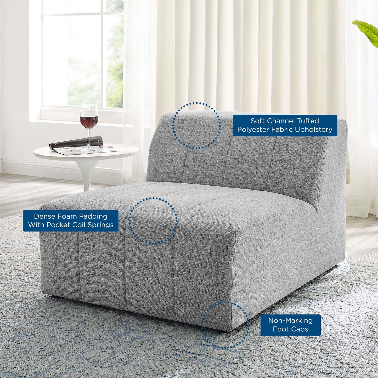 Bartlett Upholstered Fabric Armless Chair, Fabric, Light Grey Gray, 19961