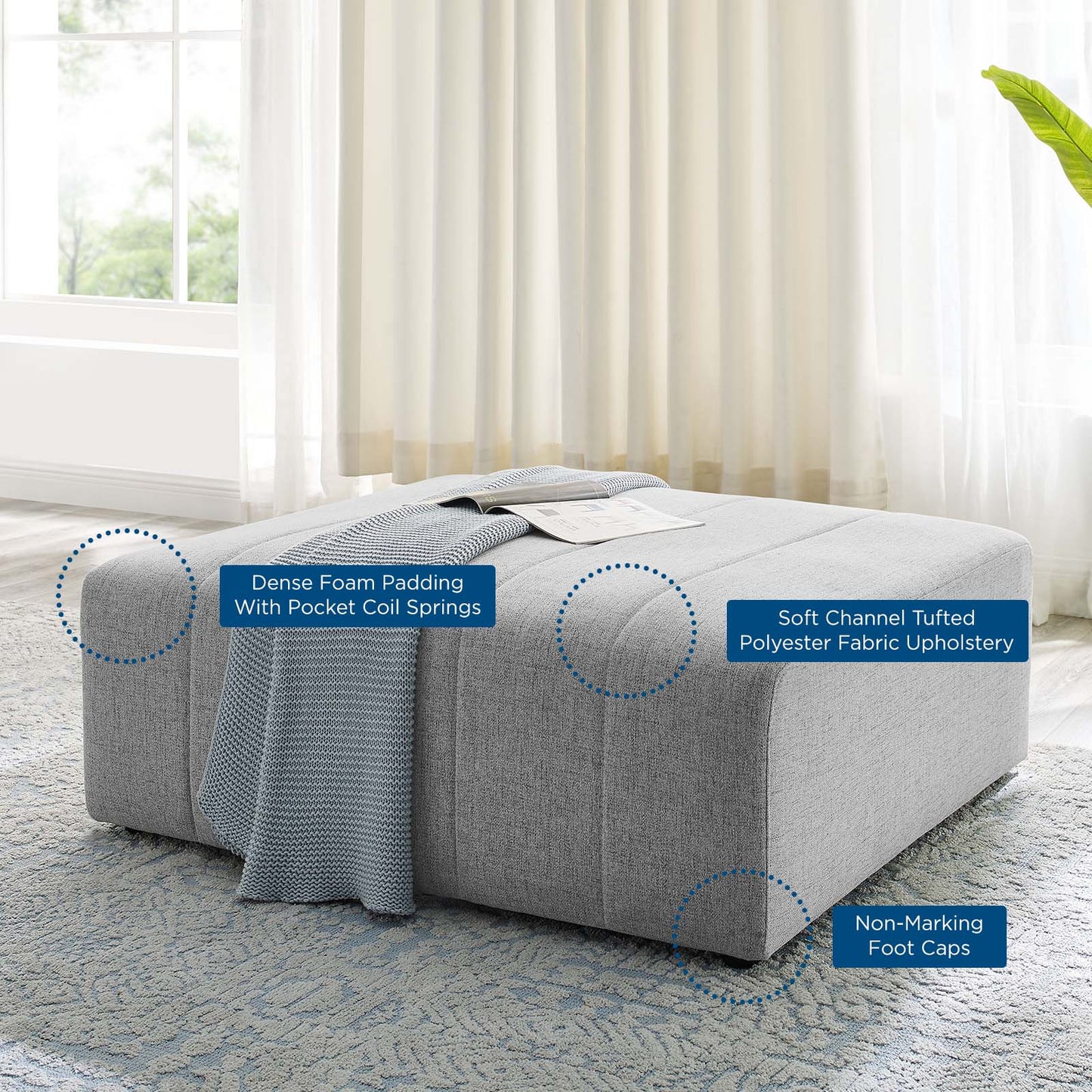 Bartlett Upholstered Fabric Ottoman, Fabric, Light Grey Gray, 19965