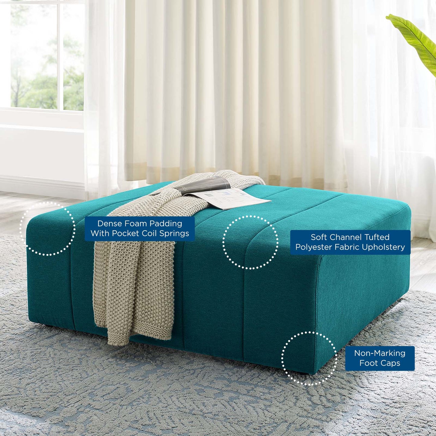 Bartlett Upholstered Fabric Ottoman, Fabric, Teal Blue, 19966