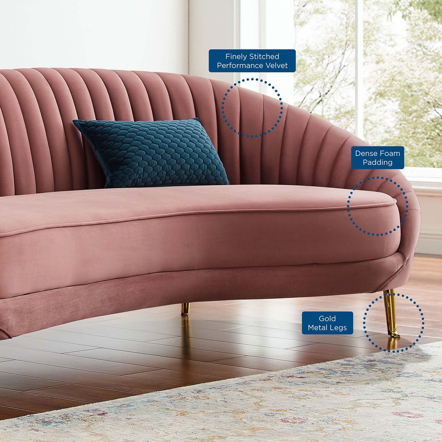 Camber Channel Tufted Performance Velvet Sofa, Velvet, Pink, 19976