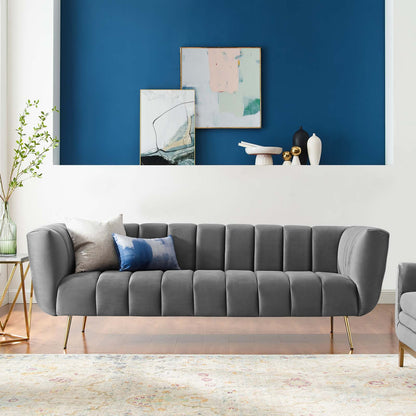 Favour Channel Tufted Performance Velvet Sofa, Velvet, Grey Gray, 19980