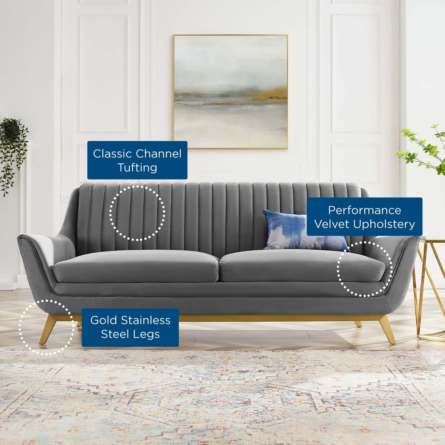 Winsome Channel Tufted Performance Velvet Sofa, Velvet, Grey Gray, 19984