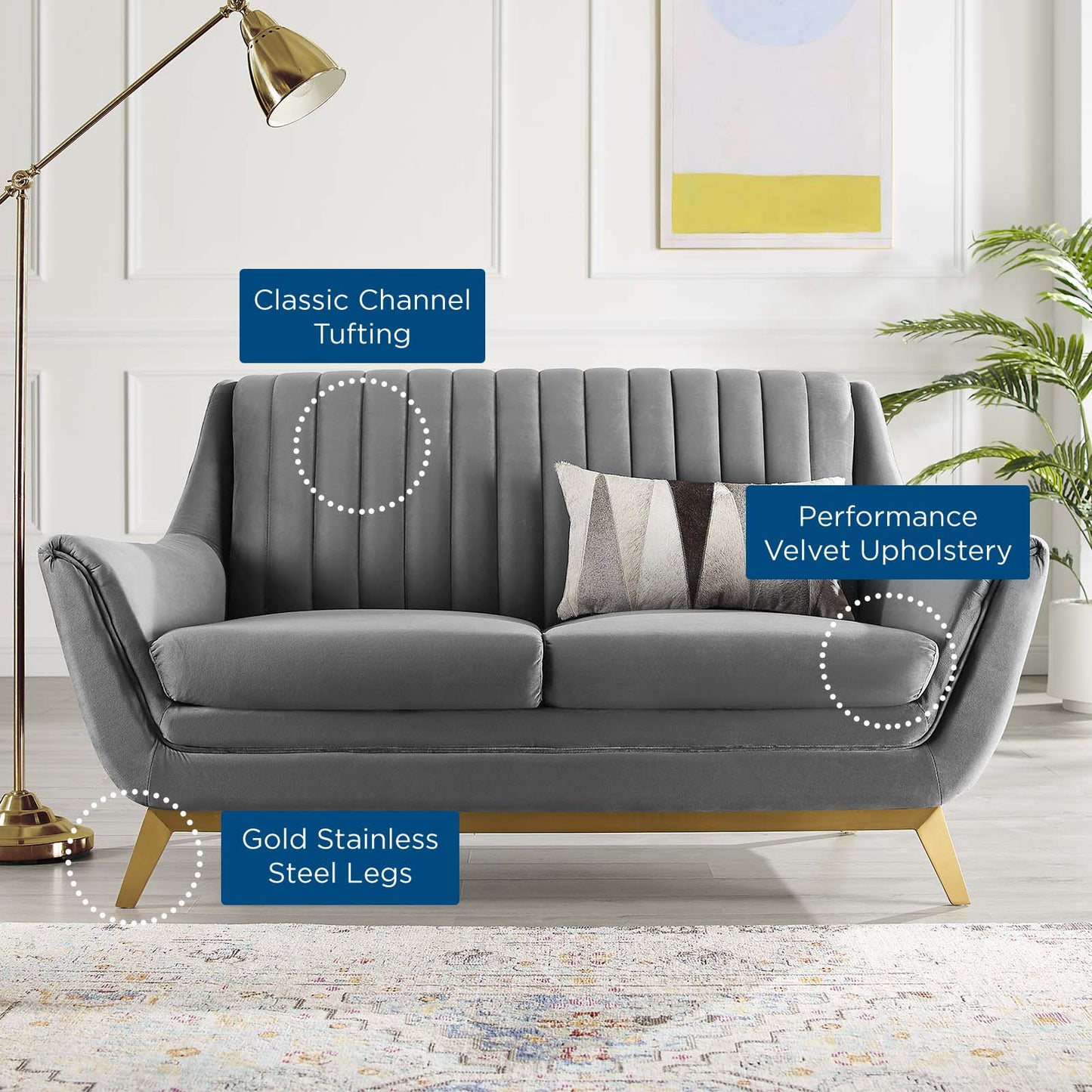 Winsome Channel Tufted Performance Velvet Loveseat, Velvet, Grey Gray, 19987