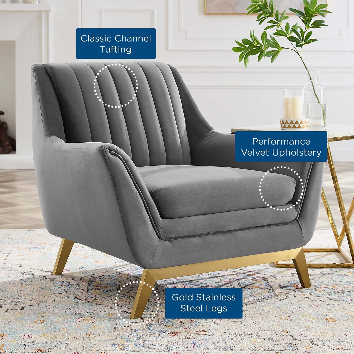 Winsome Channel Tufted Performance Velvet Armchair, Velvet, Grey Gray, 19990