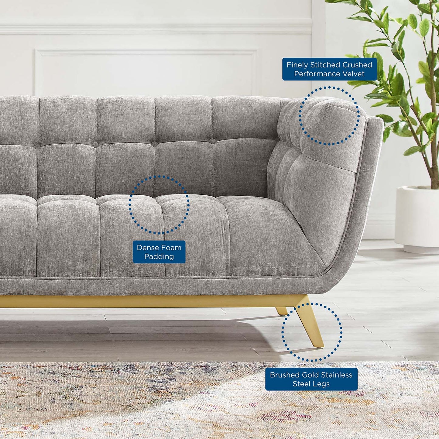 Bestow Crushed Performance Velvet Sofa, Velvet, Light Grey Gray, 19992