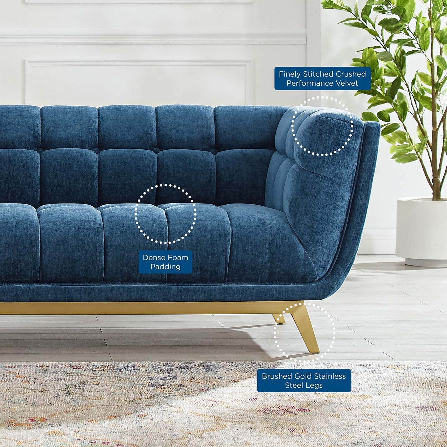 Bestow Crushed Performance Velvet Sofa, Velvet, Blue Navy, 19993