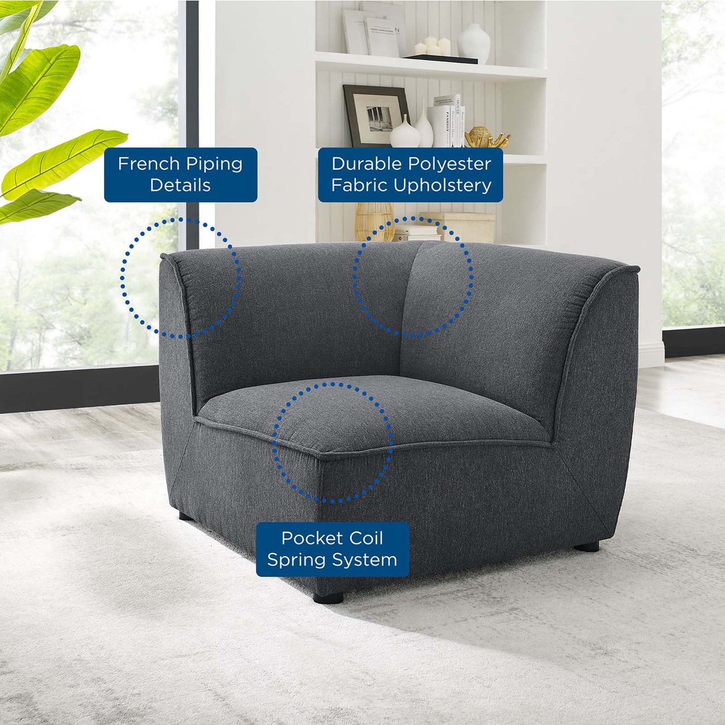 Comprise Corner Sectional Sofa Chair, Fabric, Dark Grey Gray, 20007